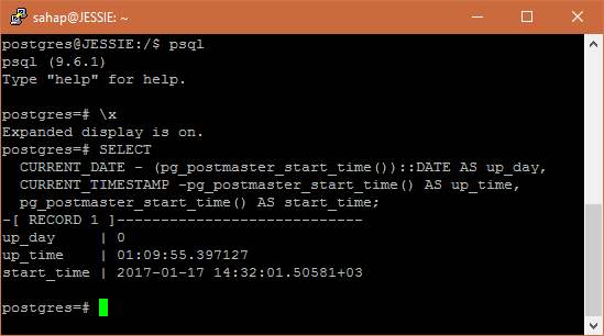SELECT CURRENT_DATE - (pg_postmaster_start_time())::DATE AS up_day, CURRENT_TIMESTAMP -pg_postmaster_start_time() AS up_time, pg_postmaster_start_time() AS start_time;